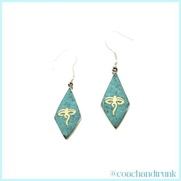 Turquoise Inlaid Gold Eye of Buddha/Wisdom Eye Drop Handcrafted Earrings - Picture 2 of 2